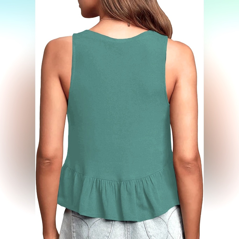 Teal Blue Babydoll Tank Top Heather Peplum Ruffle Hem Sleeveless Swing V-Neck - Picture 3 of 7